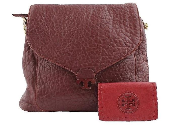 Tory Burch Burgundy Embossed Flap Shoulder Card Wallet Set Red