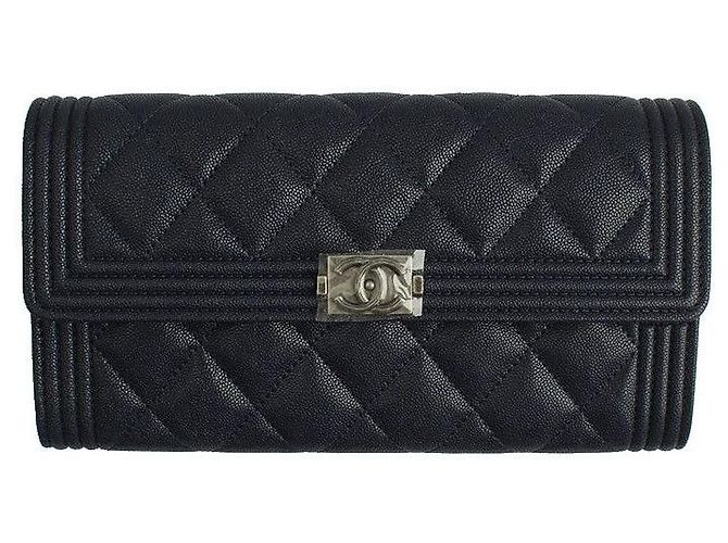 Chanel Boy Soft Caviar Navy Silver Long Wallet Series Black