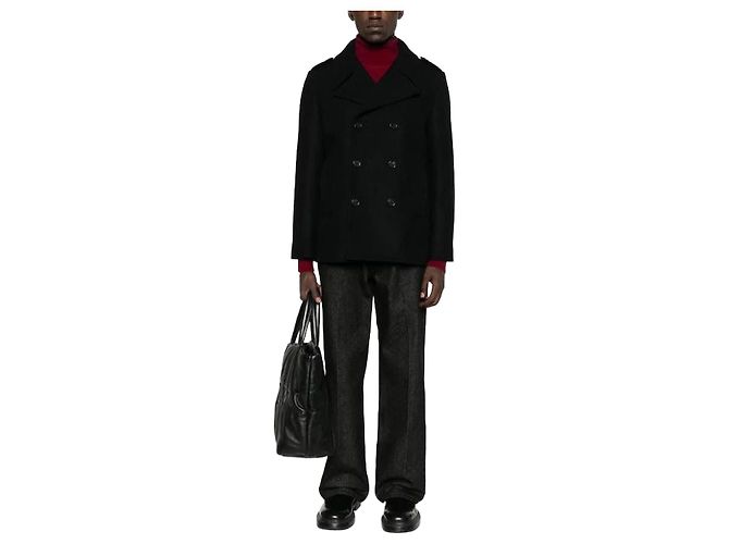 Saint Laurent Double Breasted Long Sleeve Coat Black