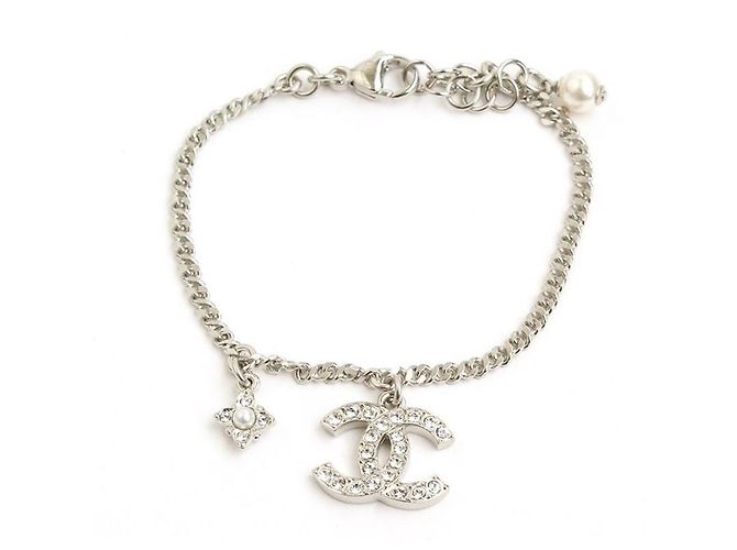 Chanel Pulseira de pérolas com logo CC em prata Branco