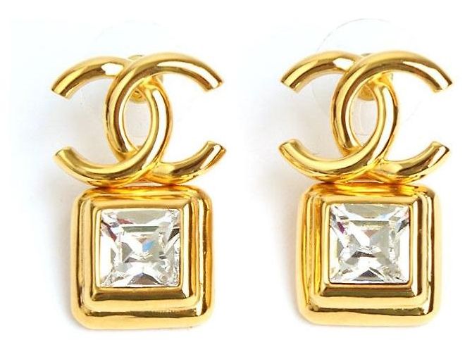 Chanel Boucles d'oreilles carrées en cristal CC doré
