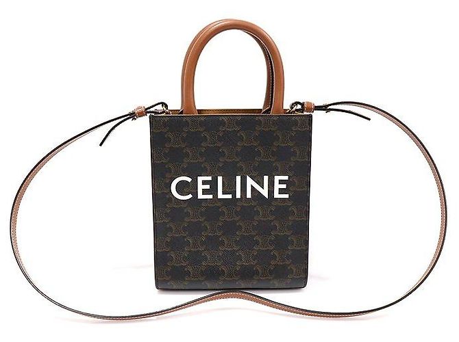 Céline Trio Toile Cuir de Veau Tan Cabas Mini Vertical Noir