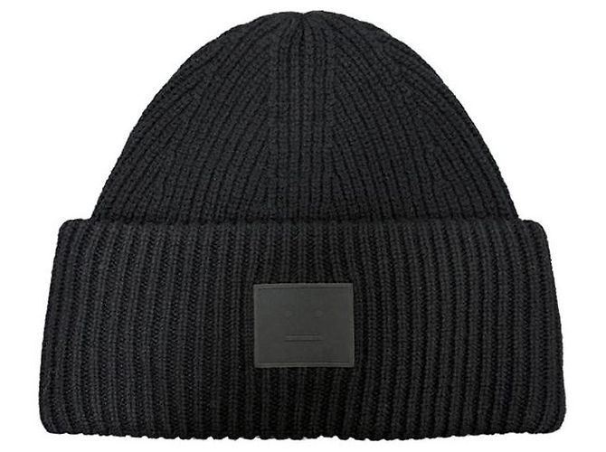 Wollstrickmütze mit großem Acne-Logo-Patch Schwarz