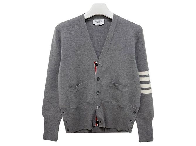 Thom Browne Diagonal Stripe Milano Stitch Wool Cardigan Light Grey