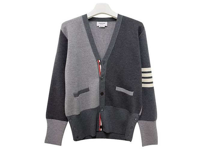 Thom Browne Diagonal Stripe Mixed Wool Cardigan Tonal Grey