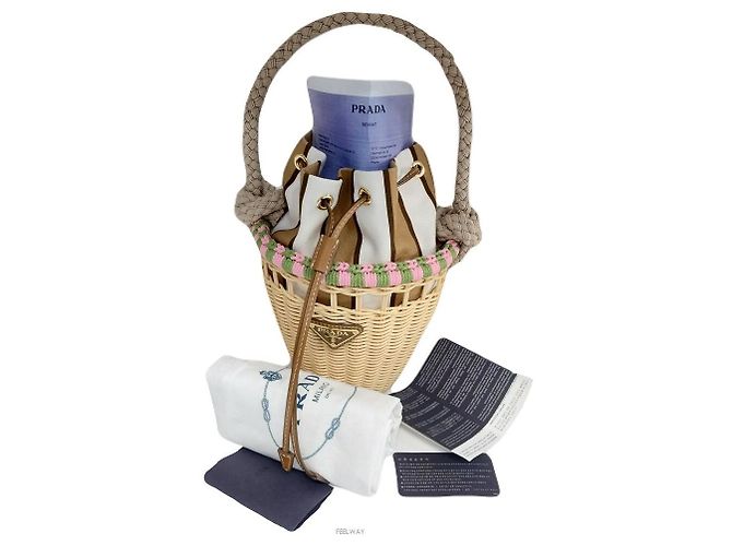 Prada Borsa mini a secchiello in rattan Marrone 