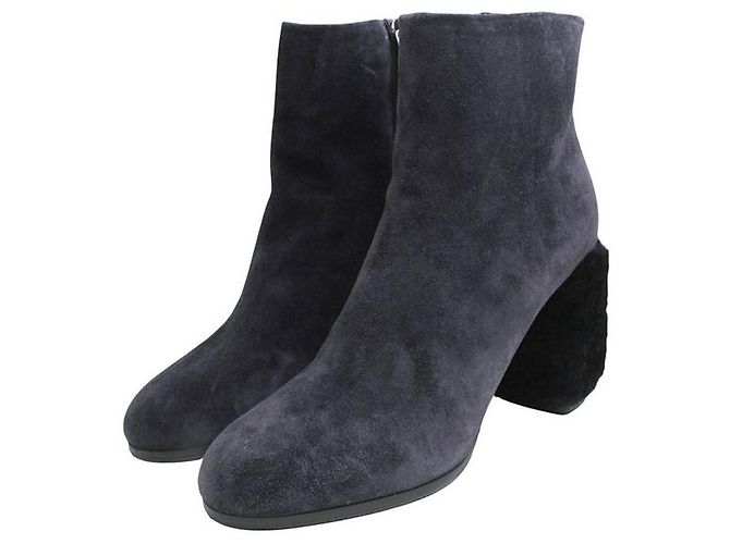 Miu Miu Charcoal Grey Suede Shearling Trim Ankle Boots Black