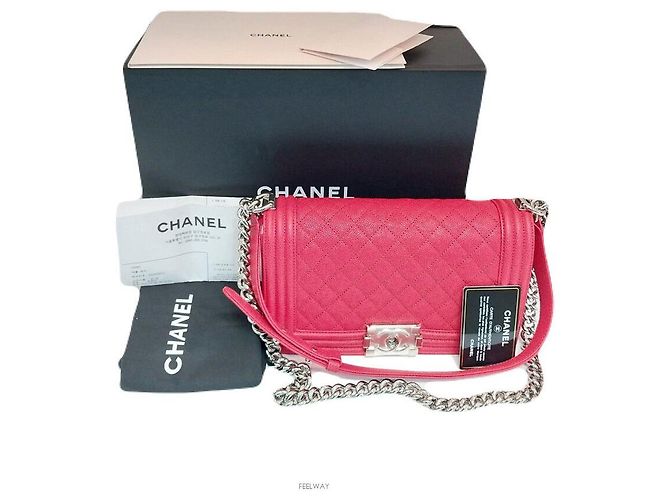 Chanel Caviar Boy Medium Silver-tone Shoulder Bag Red