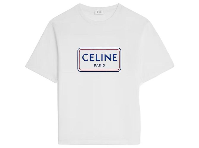 Céline T-shirt ample en jersey de coton blanc optique Bleu