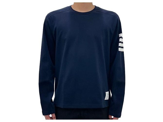 Thom Browne Diagonal Arm Band Side Slit Long Sleeve Tee Navy Blue