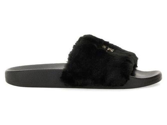 Versace Logo Pelz-Slipper Schwarz