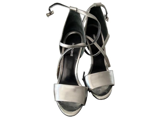 Sandali con zeppa metallici argento Roberto Cavalli