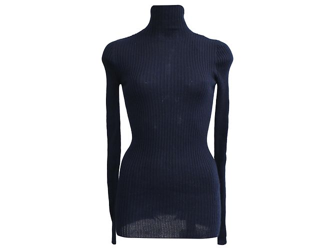 Rippstrick-Turtleneck-Pullover aus marineblauer Wolle von Jil Sander