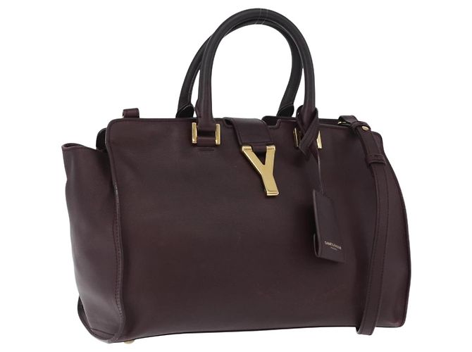 SAINT LAURENT petit cabas Bolsa de mão em couro 2 em 1 Roxo Dourado Auth BA11112