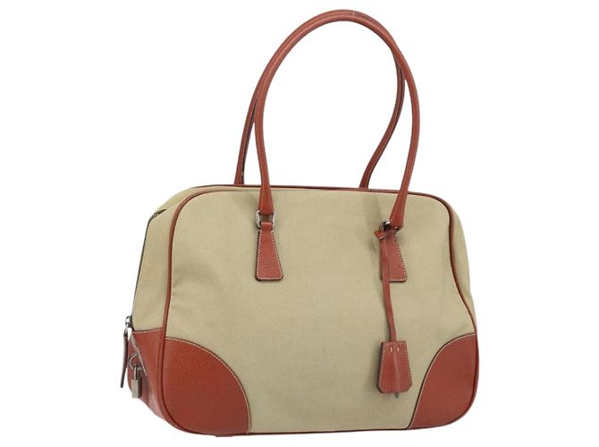PRADA Tote Bag Canvas Beige Silver Auth ka2799 Silvery
