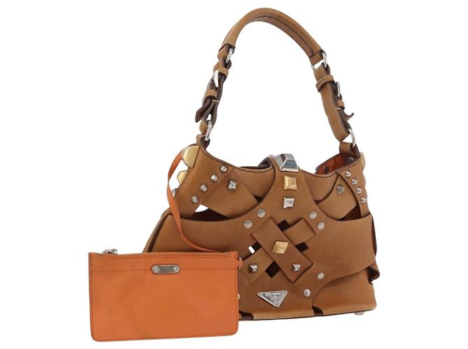 PRADA Borsa a Spalla con Borchie in Pelle Plastica Marrone Argento Auth 172906SAV