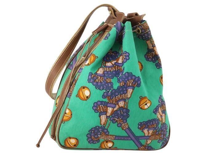Sac à bandoulière LOEWE en toile verte et dorée Auth BA10740