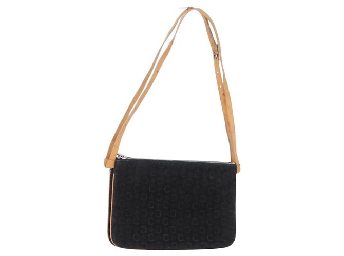 Céline CELINE C Macadam Canvas Shoulder Bag Suede Leather Black Silver Auth ki6507 Silvery