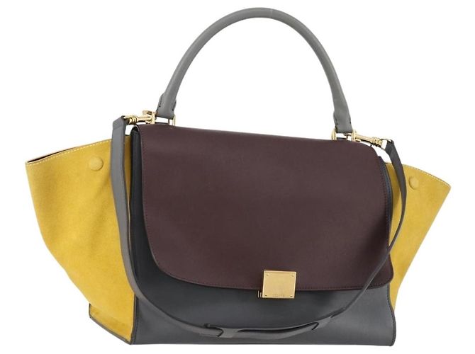 Céline Bolsa de mão Trapeze CELINE em couro camurça 2 em 1 cinza ouro Auth ep13043 Marrom Dourado