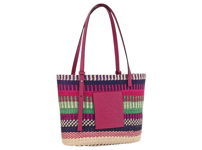 LOEWE Bolsa Anagrama de Rafía Cuero Rosa Multicolor Auténtica LNZ404SAM