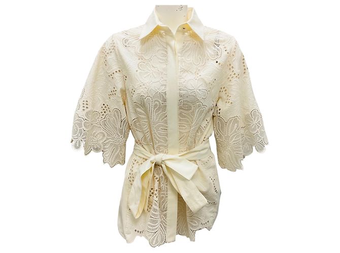 Camisa bordada de algodón blanco roto Elie Saab Beige
