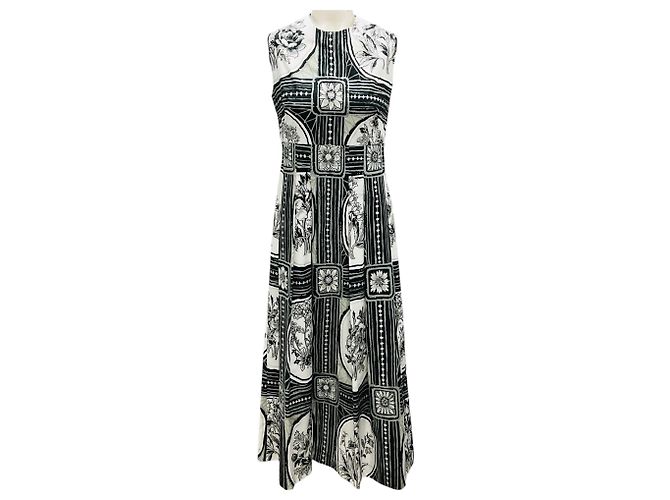 Vestido midi sin mangas de algodón estampado floral negro / blanco / gris de Lela Rose
