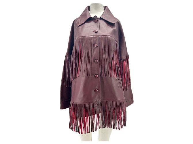 Autre Marque Bordeauxfarbene Lederjacke mit Fransen