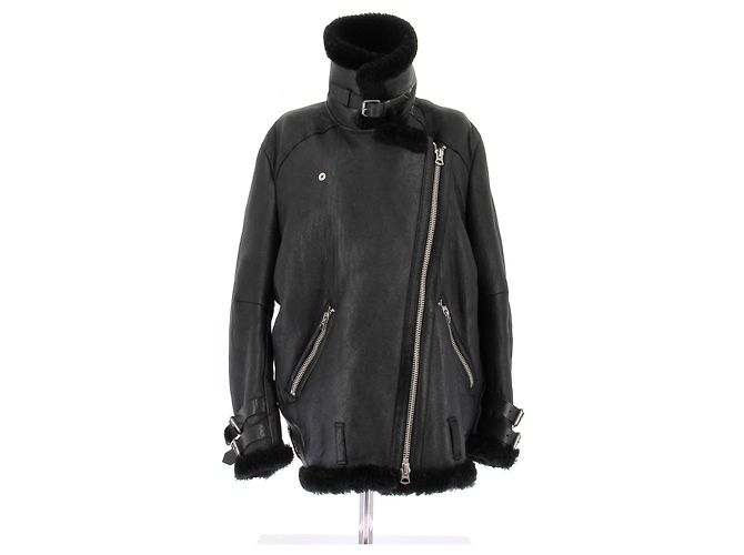 Acne Black Leather and Wool Bomber Jacket