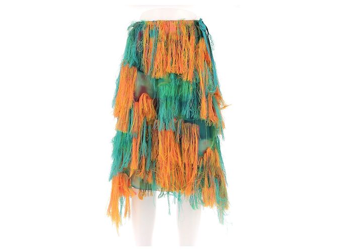 Saia midi com franjas laranja e turquesa Dries Van Noten