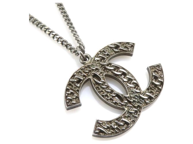 Chanel Coco Mark Metal Gunmetal Necklace Metallic