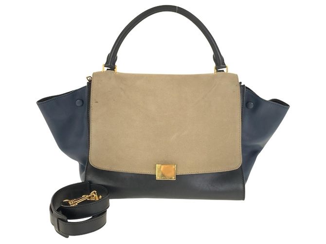 Céline Bolsa de couro Trapeze da Celine Bege Azul marinho