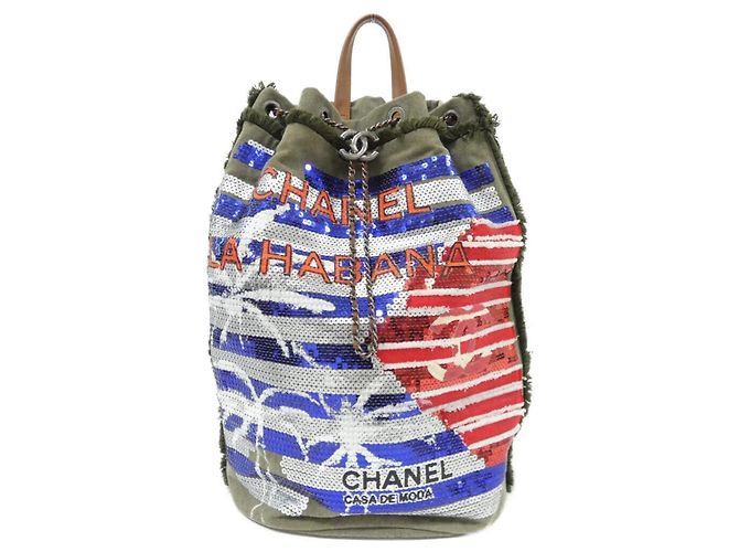 Chanel 93671 Backpack Red Blue Khaki