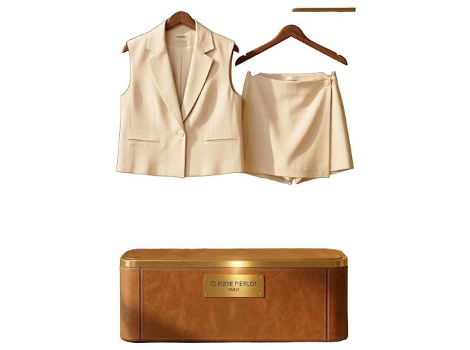 Conjunto de saia-short e blazer sem mangas bege da Claudie Pierlot