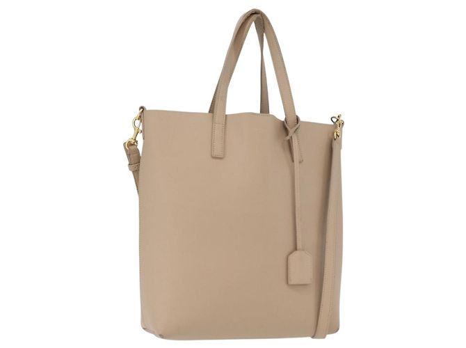 Saint Laurent Bolsa Tote de couro 2 em 1 bege ouro Auth BA10070 Dourado