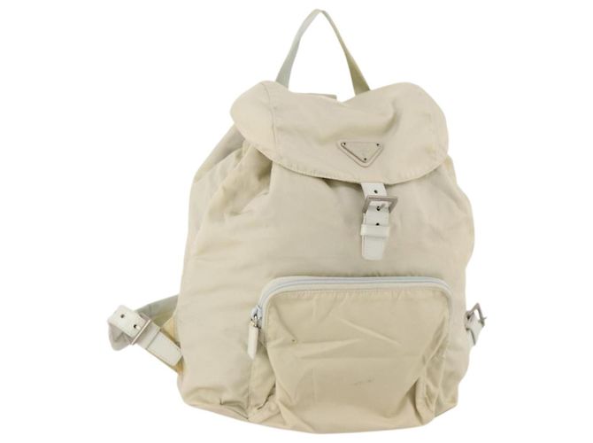 PRADA Backpack Nylon Beige Silver Auth bs33075 Silvery