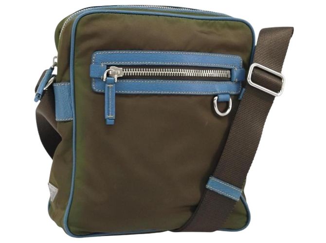 PRADA Schultertasche Nylon Khaki Silber Authentisch 172848