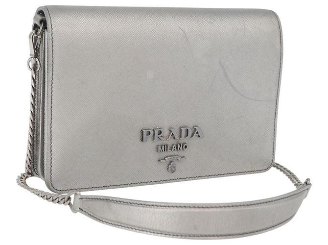 Saffiano Bolsa de Ombro PRADA em Couro Safiano Prata Auth bs33612