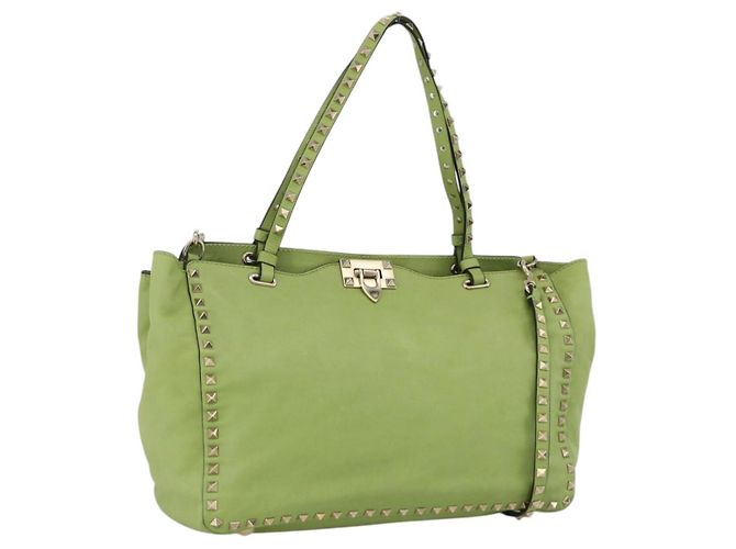 VALENTINO Rock Studs Tote Bag Leder Gold Hellgrün Auth BA11057 Golden