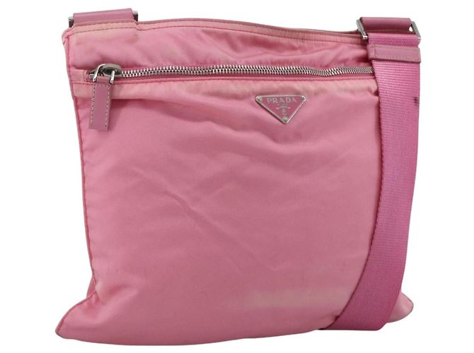 PRADA Shoulder Bag Nylon Leather Pink Silver Auth LNZ333 Silvery