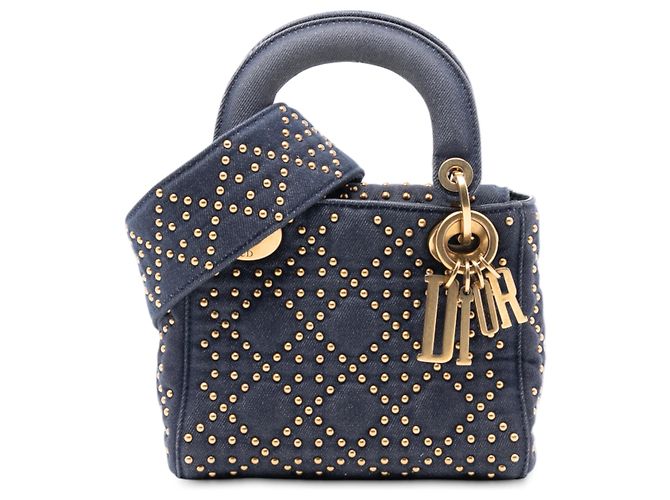 Dior Mini Denim Cannage Blu Studded Morbido Lady Dior Blu navy