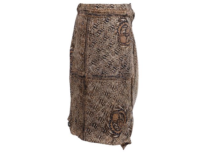 Saia midi assimétrica estampada Dries Van Noten em seda marrom