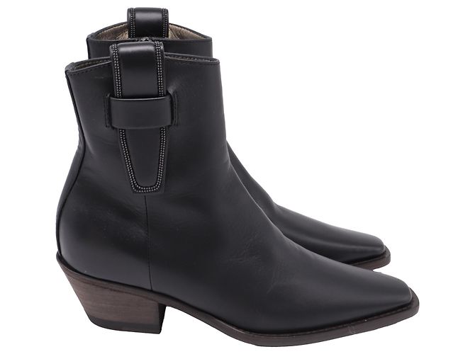 Brunello Cucinelli Monili Western Ankle Boots in Black Leather