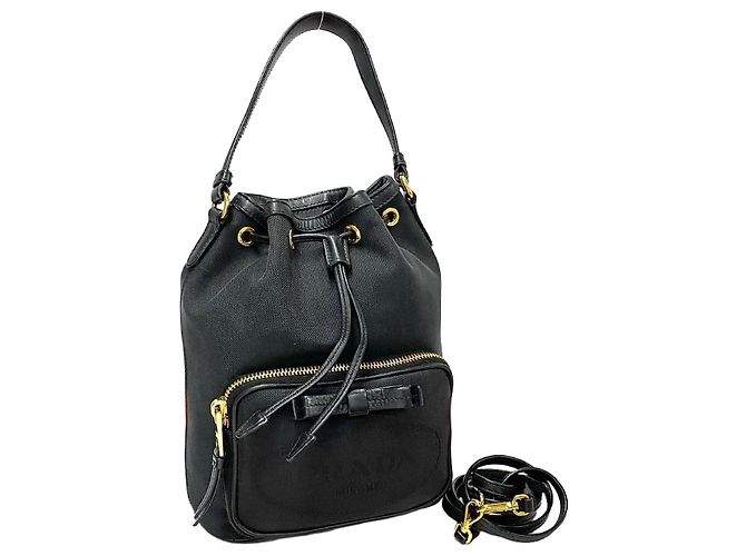 Prada Duet Leather Canvas 2way Bag Black