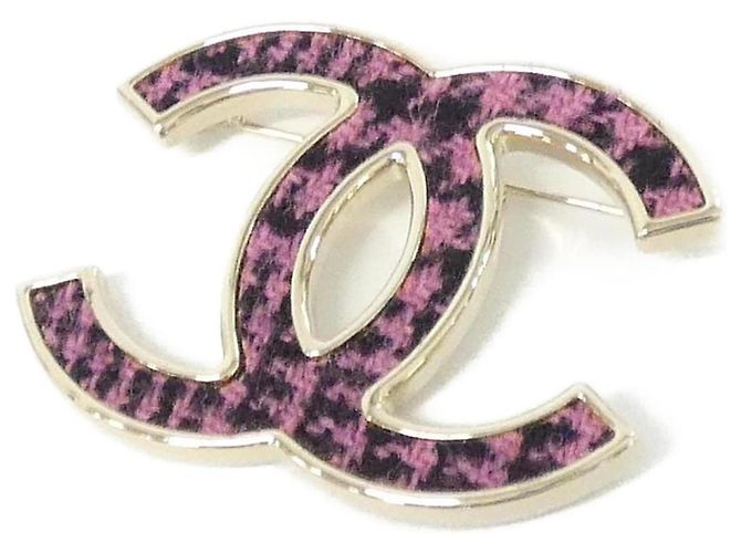 Chanel AB9482 Brosche Leder Schwarz Rosa Gold Pink Golden