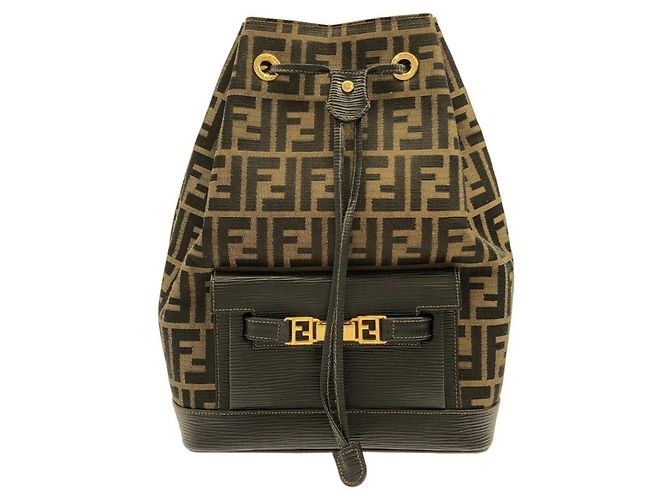 Zaino in tela e pelle nera e marrone Fendi Nero
