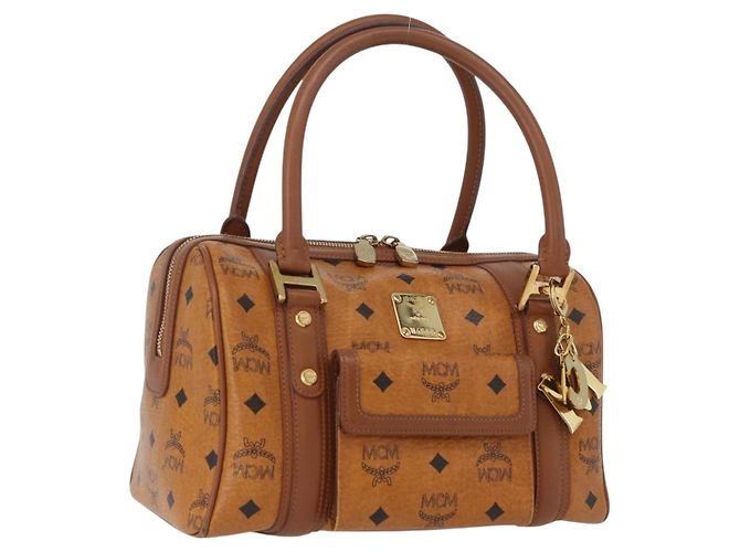 MCM Vicetos Mini Logogram Boston Bag em couro PVC marrom e dourado Auth ki6516