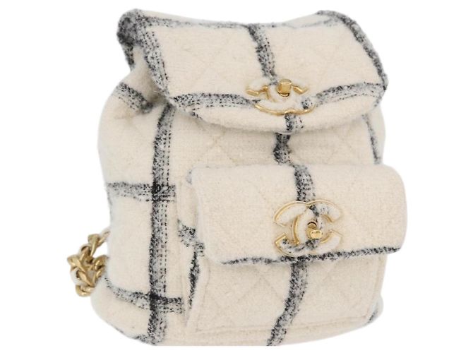 CHANEL Zaino Matelassé con Catena Tweed Bianco Oro CC Auth 172472SM D'oro