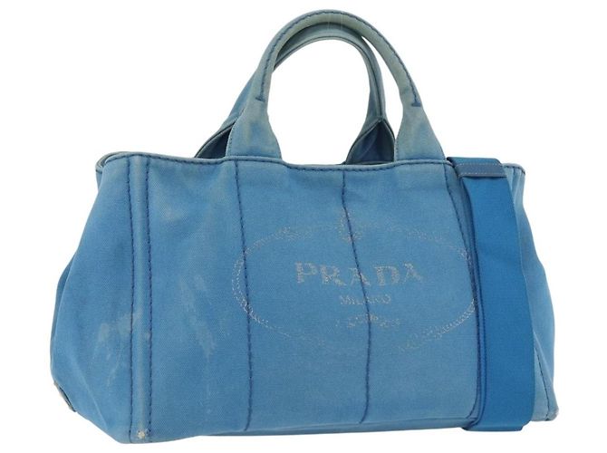PRADA Canapa M Bolsa de mão em lona 2 em 1 Azul Ouro Auth ARZ233 Dourado