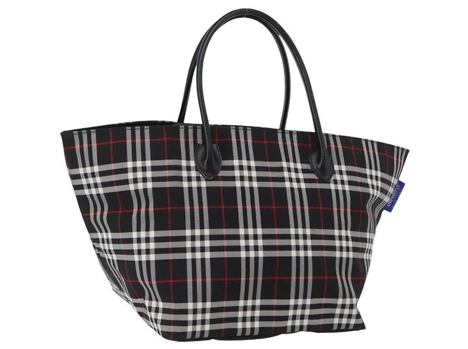 Borsa a mano Burberrys Nova Check Blue Label in nylon nero e argento Auth fm5217