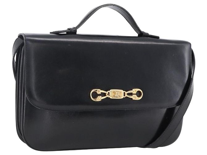 Céline Bolsa de Ombro Horsebit em Couro Preto e Ouro Auth ka2765 Dourado
